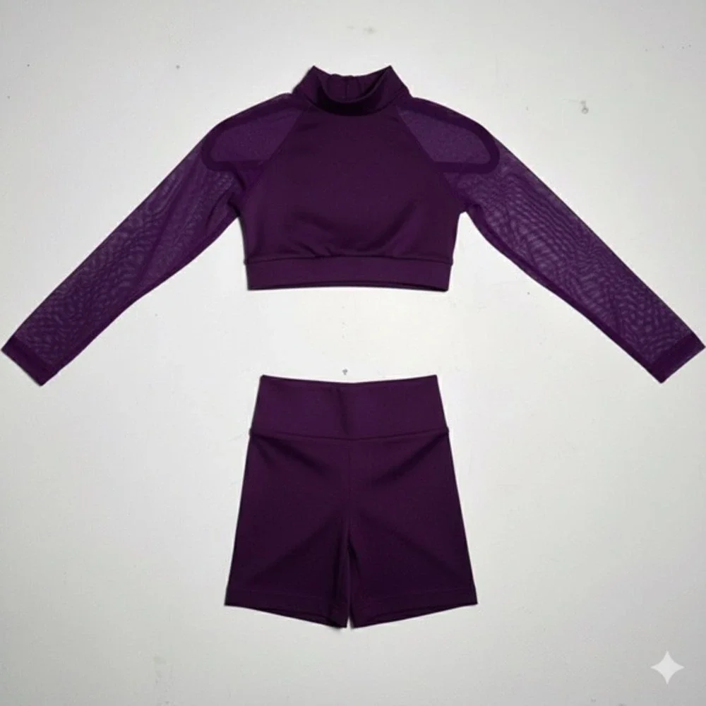 Theatricals eggplant purple Long Sleeve Crop Top High Rise Dance Shorts Set CM